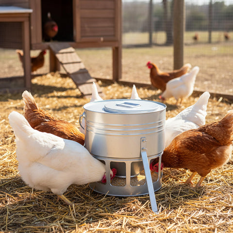 KOL silver finish chicken feeder looks stylish in any coop.