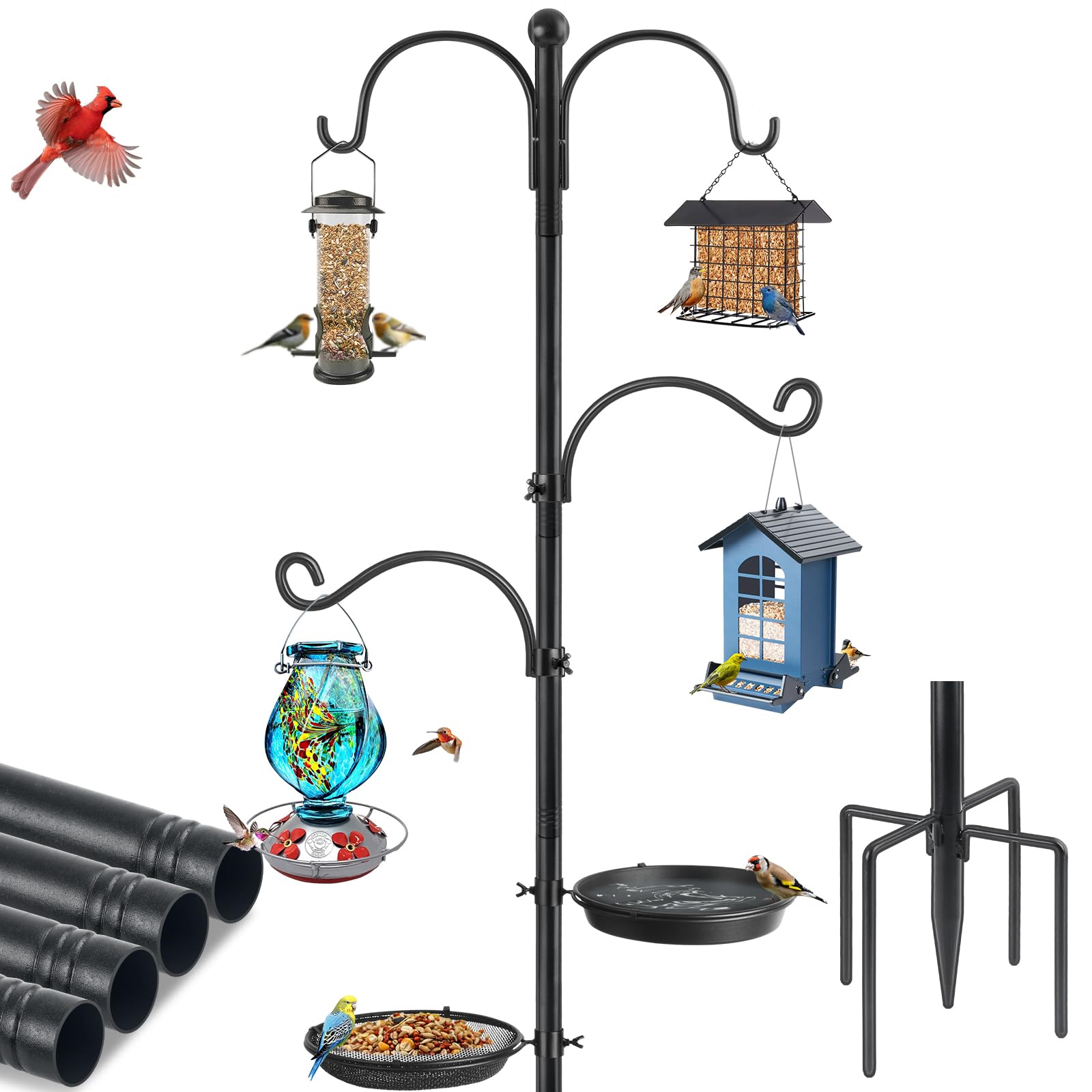 KOLAKO Bird Feeder Pole 88-inch stand supports multiple feeders outdoors.