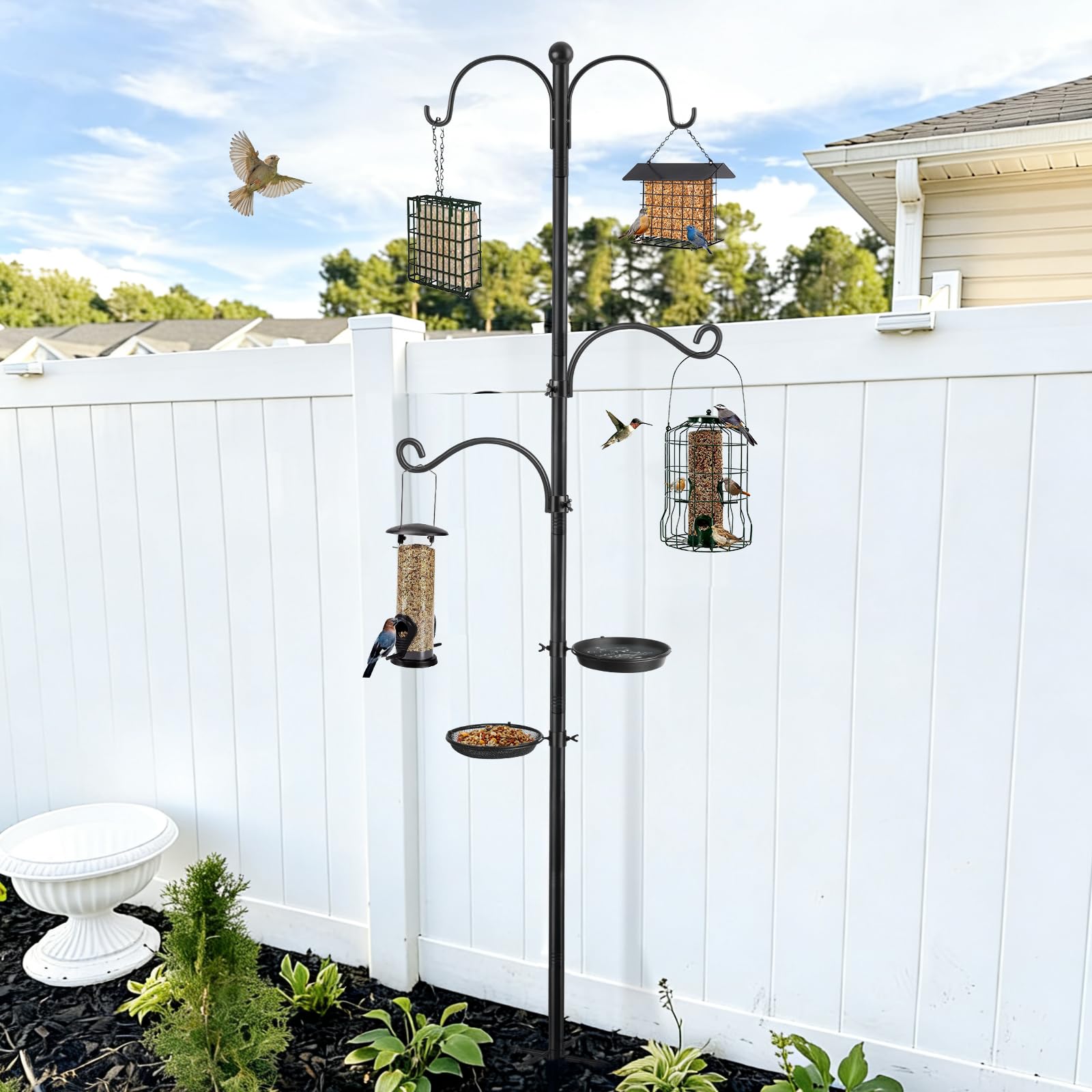 KOLAKO Bird Feeder Pole bird bath provides hydration at feeding station.