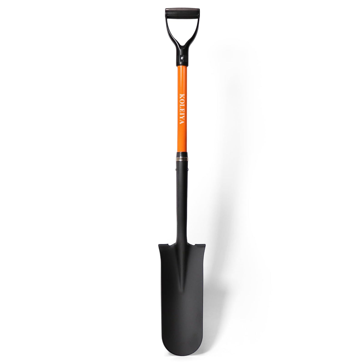 KOLEIYA 45-inch orange fiberglass handle spade shovel for durable trenching and planting tasks.