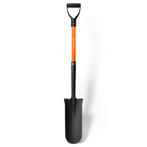 KOLEIYA 45-inch orange fiberglass handle spade shovel for durable trenching and planting tasks.