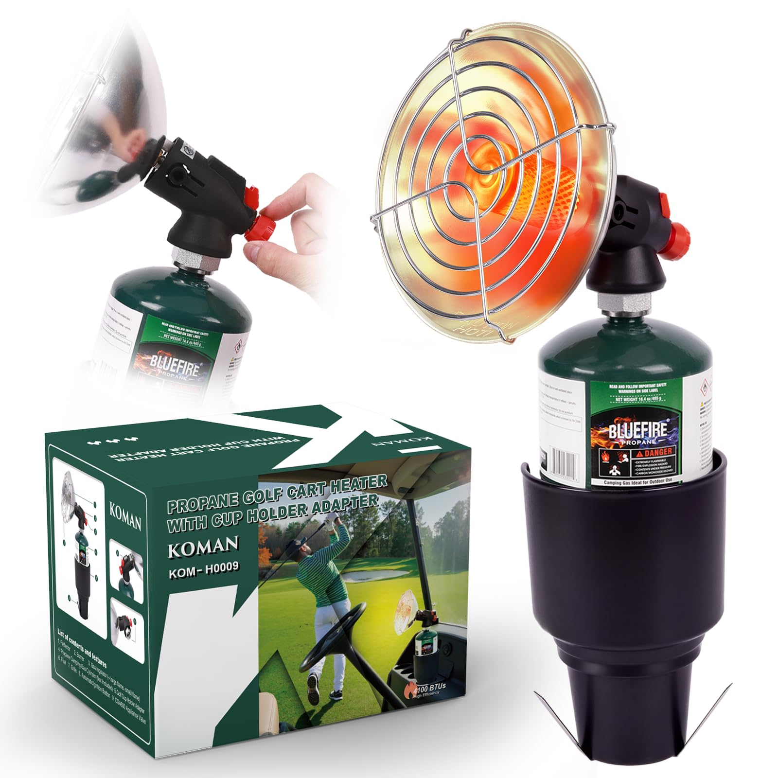 KOMAN golf cart heater front view showing compact warmth for chilly courses