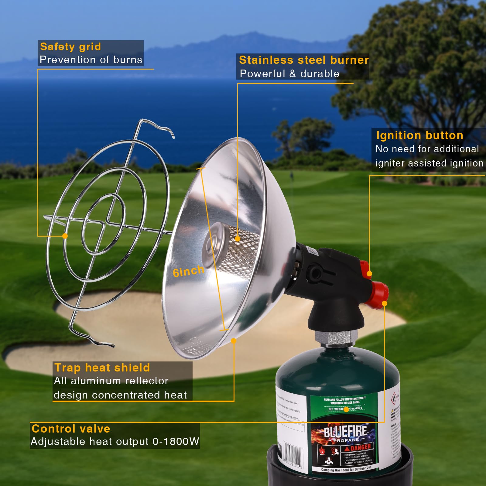 KOMAN portable heater ignition button demonstrating easy, hands-free start