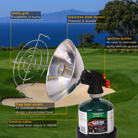 KOMAN portable heater ignition button demonstrating easy, hands-free start