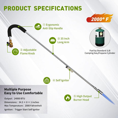 KOMAN weed torch delivers 24,000 BTU for fast outdoor tasks.