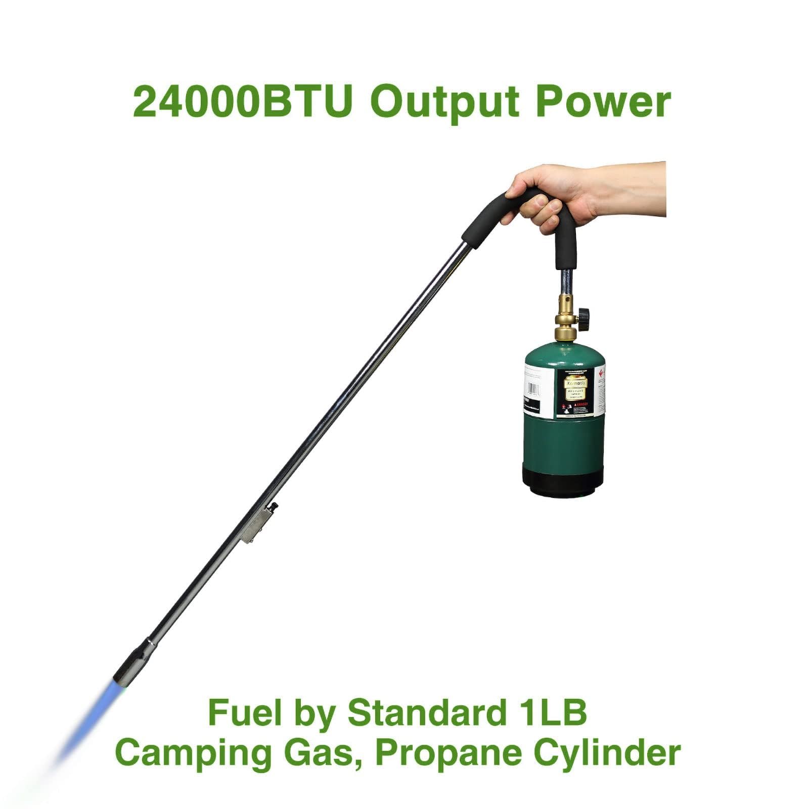 KOMAN weed torch connects to large propane tanks via converter hose.