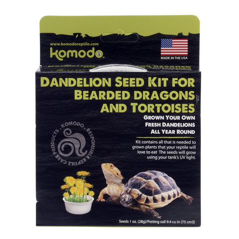 Komodo Dandelion Kit inside tank promotes year‑round greens for reptiles.