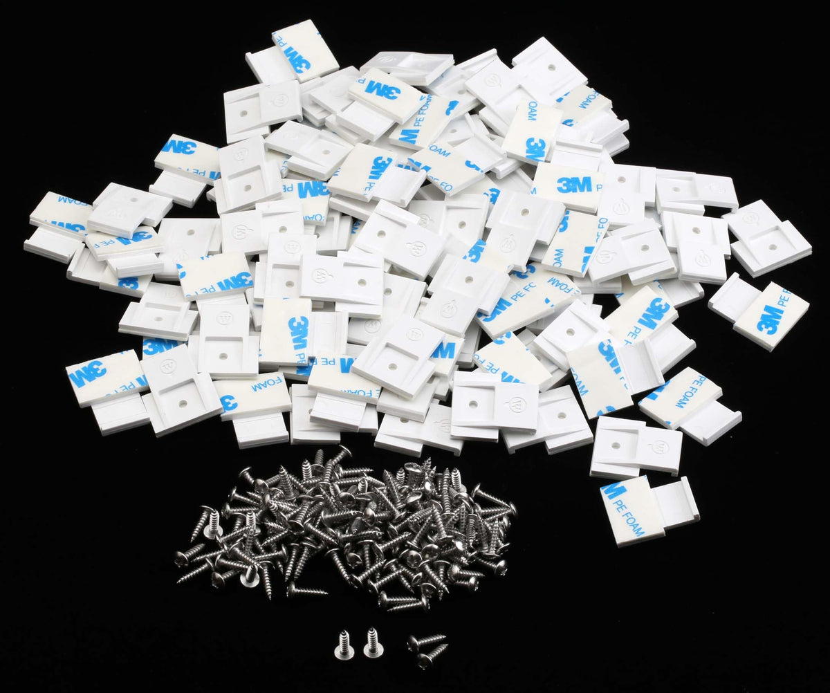 Komytoo screw clips for outdoor lights shown with mounting tape for quick secure installation.