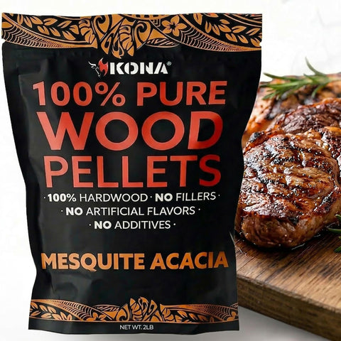 Kona 100% mesquite smoker pellets in a 2 lb bag for authentic woodfire flavor.