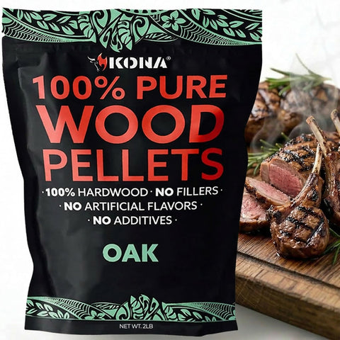 Kona 100 percent oak smoker pellets bag for rich woodfire flavor.