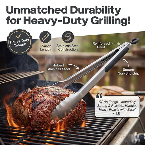 Kona 17inch tongs extended reach keeping hands away from heat