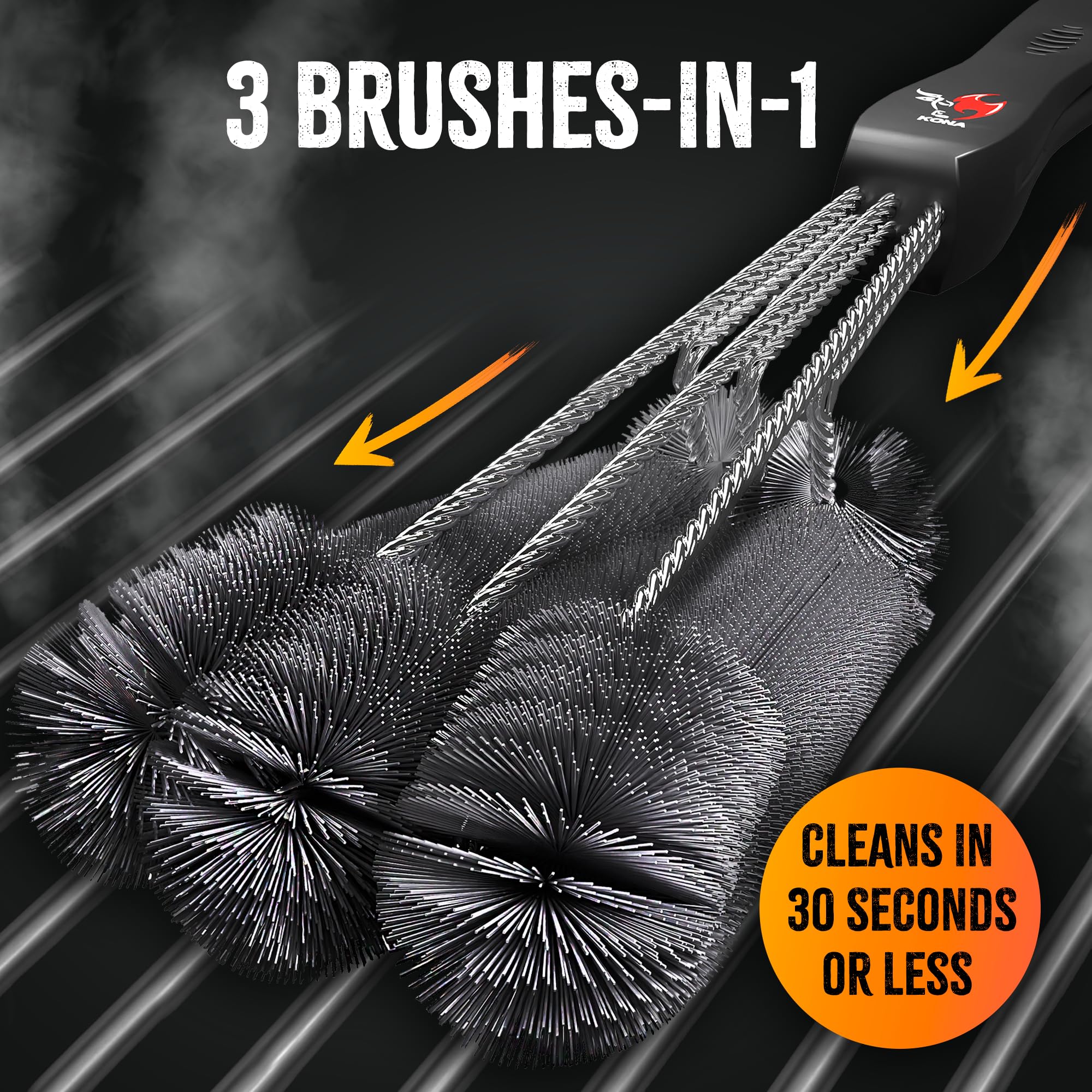 Kona 360 Clean Grill Brush demonstrating the 3-in-1 design and efficiency.