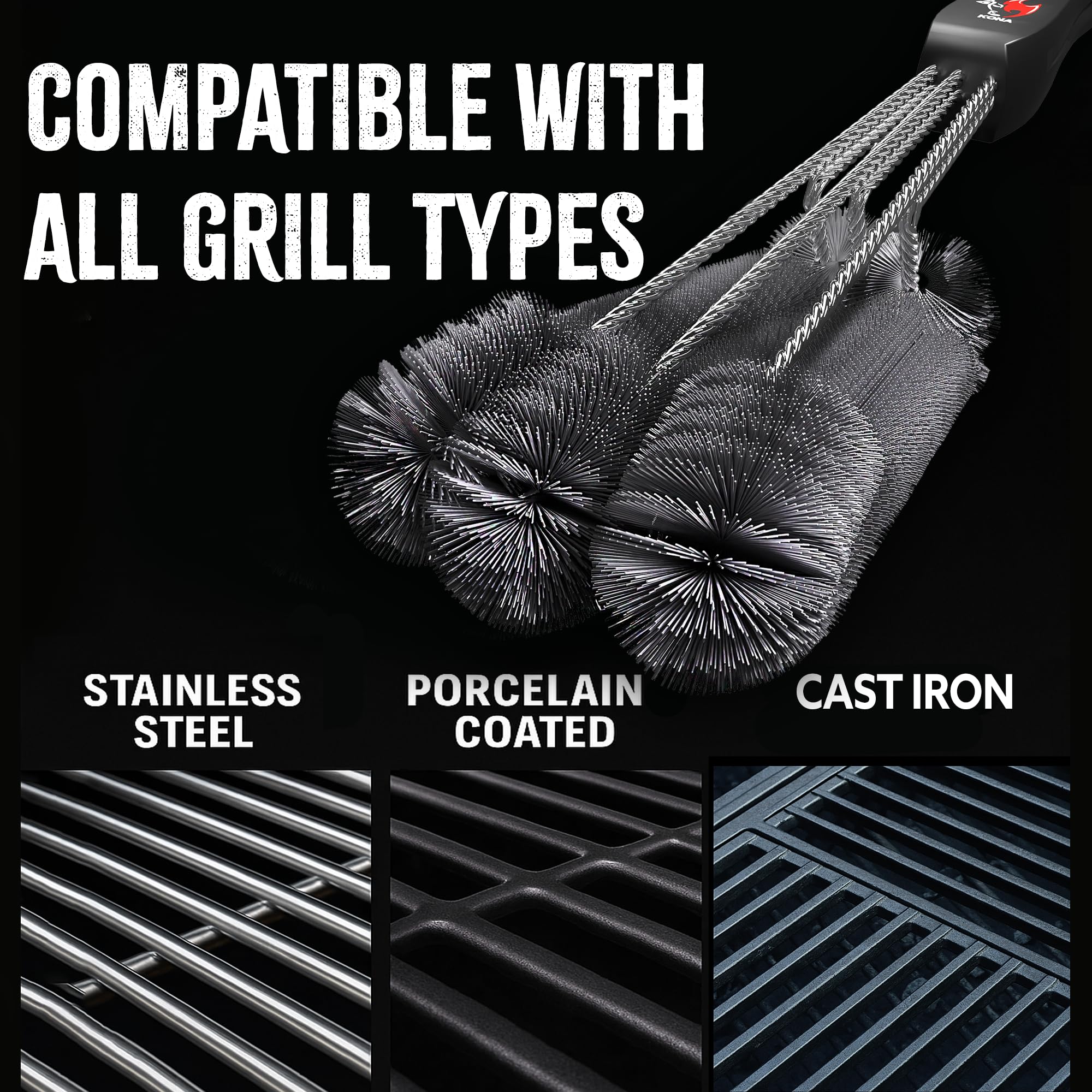 Durable solid construction of Kona 360 Clean Grill Brush resists bending.