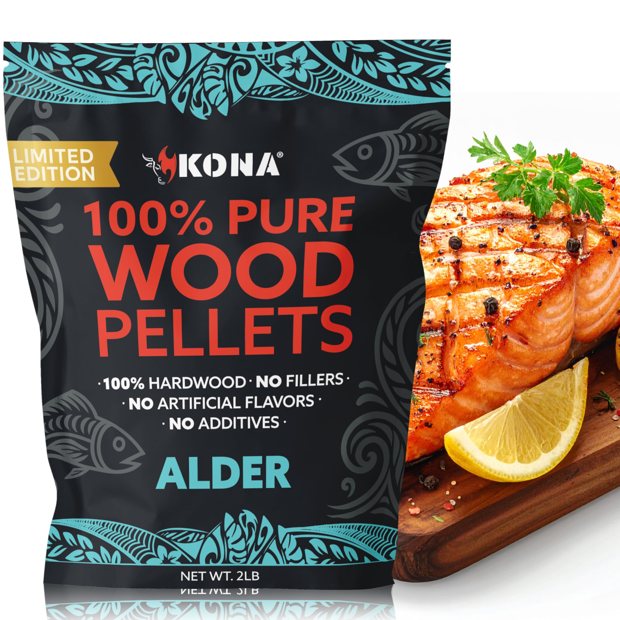 Kona Alder Wood Pellets bag closeup with premium, mild smoke for seafood and poultry.