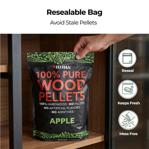 Kona Apple Smoker Pellets sprinkled on charcoal for flavorful smoke.