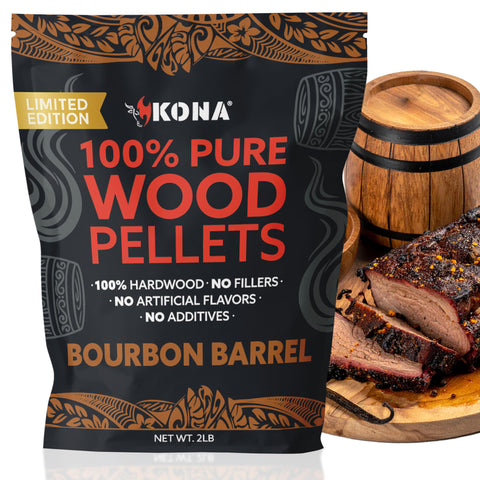 Kona Bourbon Barrel Wood Pellets in a bag front for rich vanilla and caramel smoke