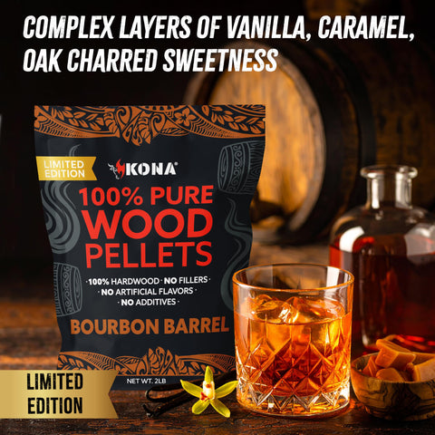 Kona Bourbon Barrel wood pellets closeup showing uniform pellets and premium bourbon aroma