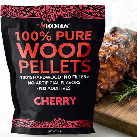 Kona Cherry Smoker Pellets bag on counter for natural, wood-fired flavor