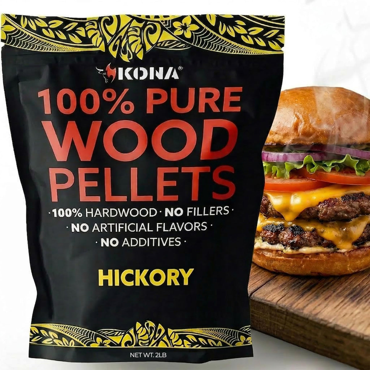 Kona 100% Hickory smoker pellets bag front ready for Ninja Woodfire grilling