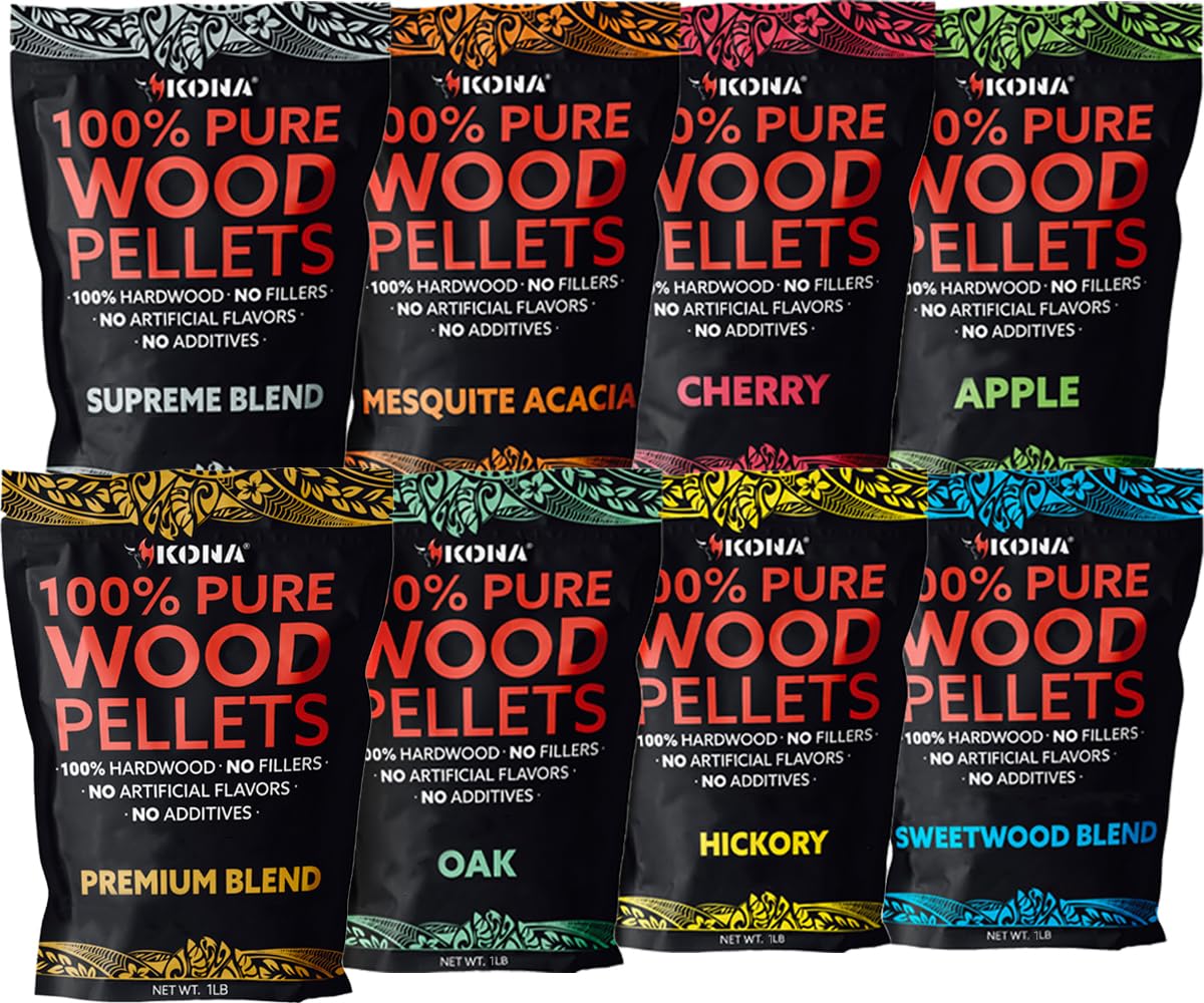 Kona Indoor Smoker Pellets variety pack in resealable bags for pure hardwood flavor