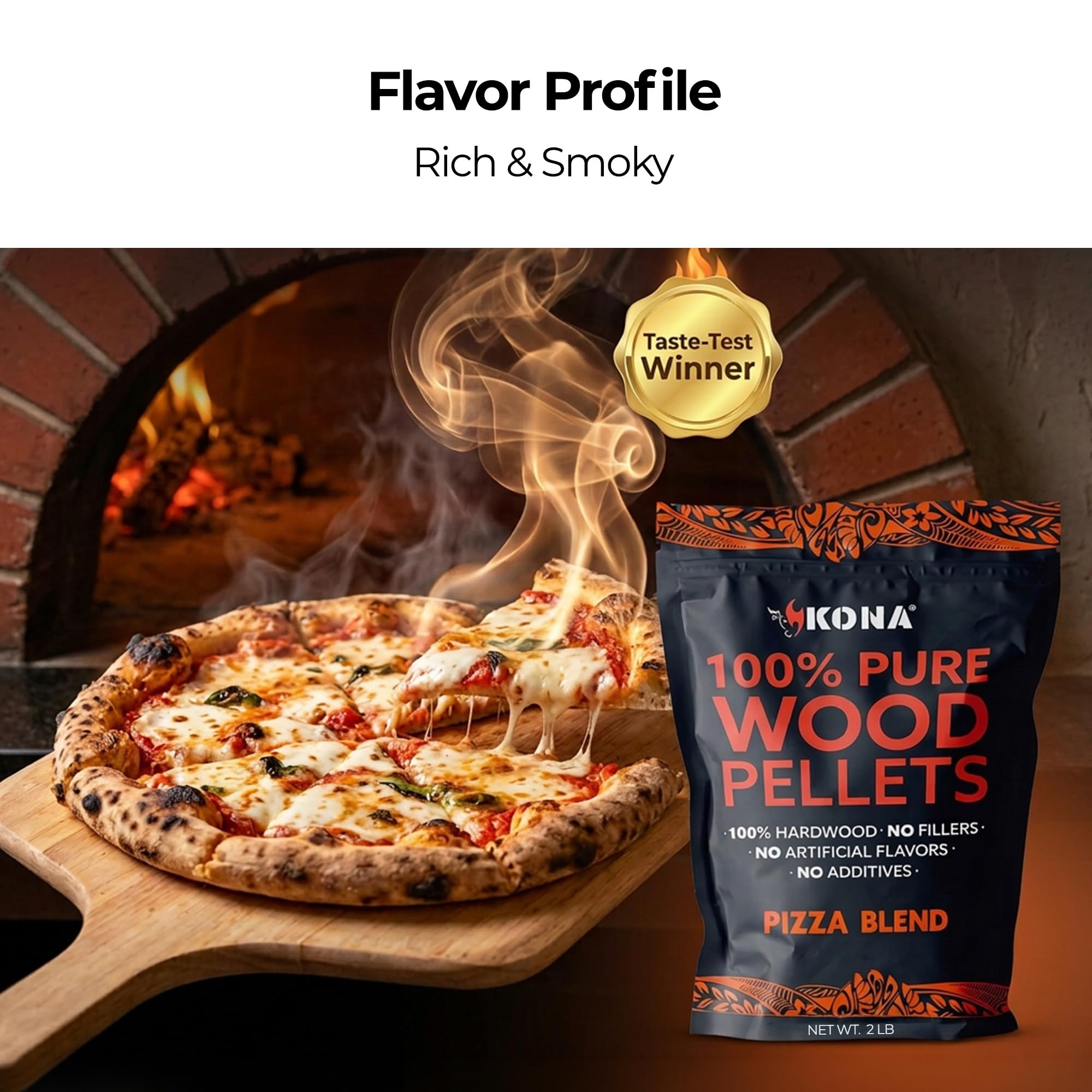 Kona 100% natural hardwood pellets for clean, steady heat.