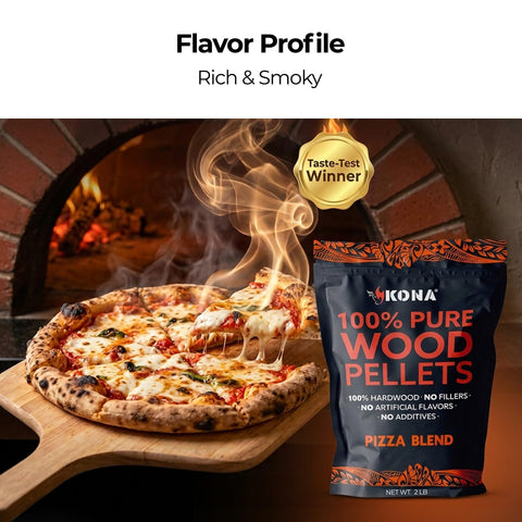 Kona 100% natural hardwood pellets for clean, steady heat.