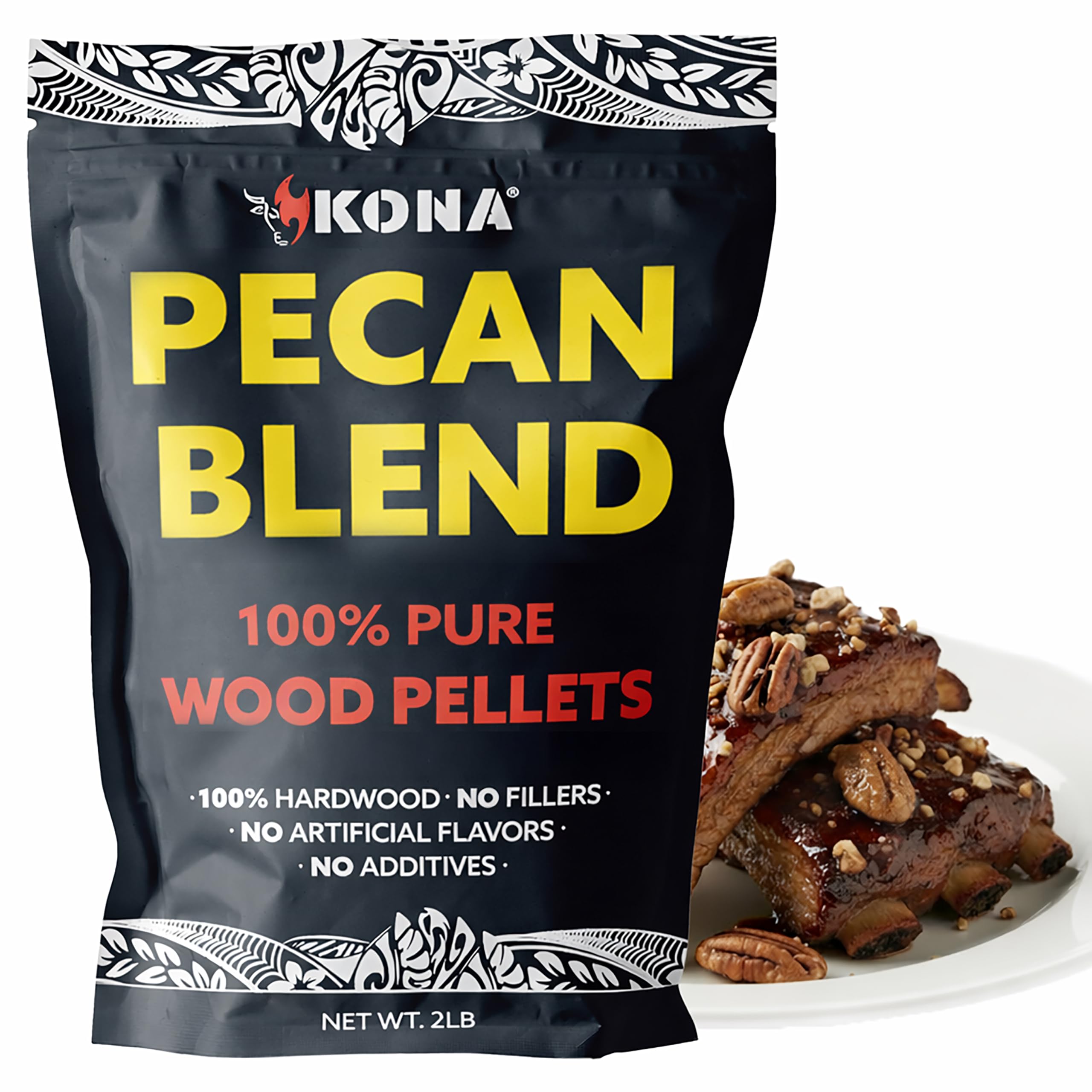 Kona Pecan Wood Pellets Sweet Praline Blend pack for outdoor grilling.
