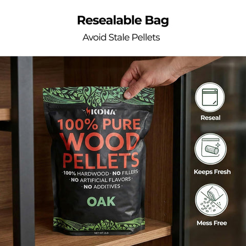 Kona pellets compatible with Ninja Woodfire grill for flavorful results.