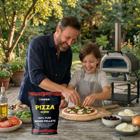 Kona Pizza Blend bag beside dough ready to bake.
