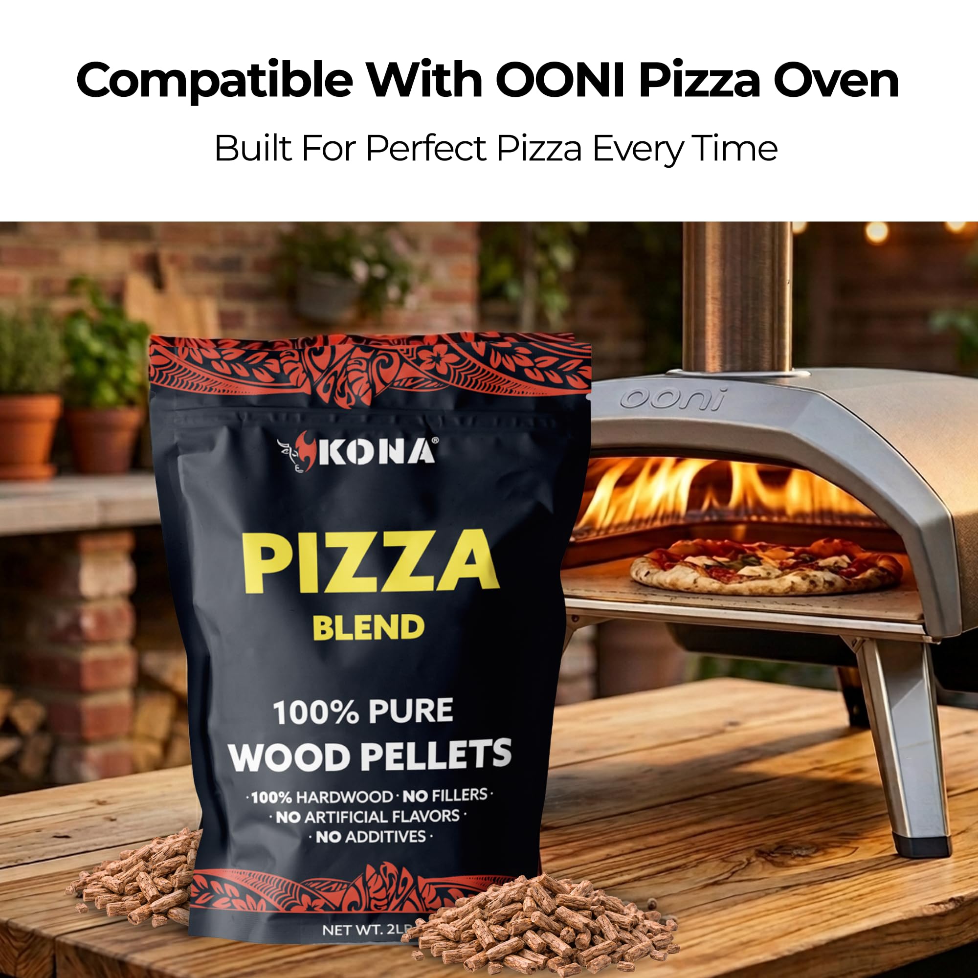 Kona Pizza Oven Blend bag closeup shows natural hardwood for flavor.