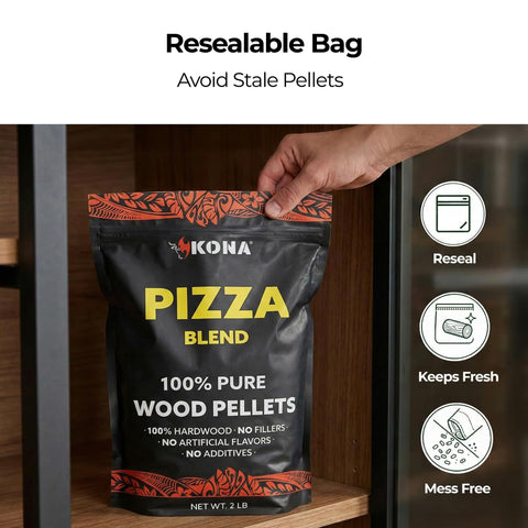 Kona pellets in use inside a pizza oven with aroma.