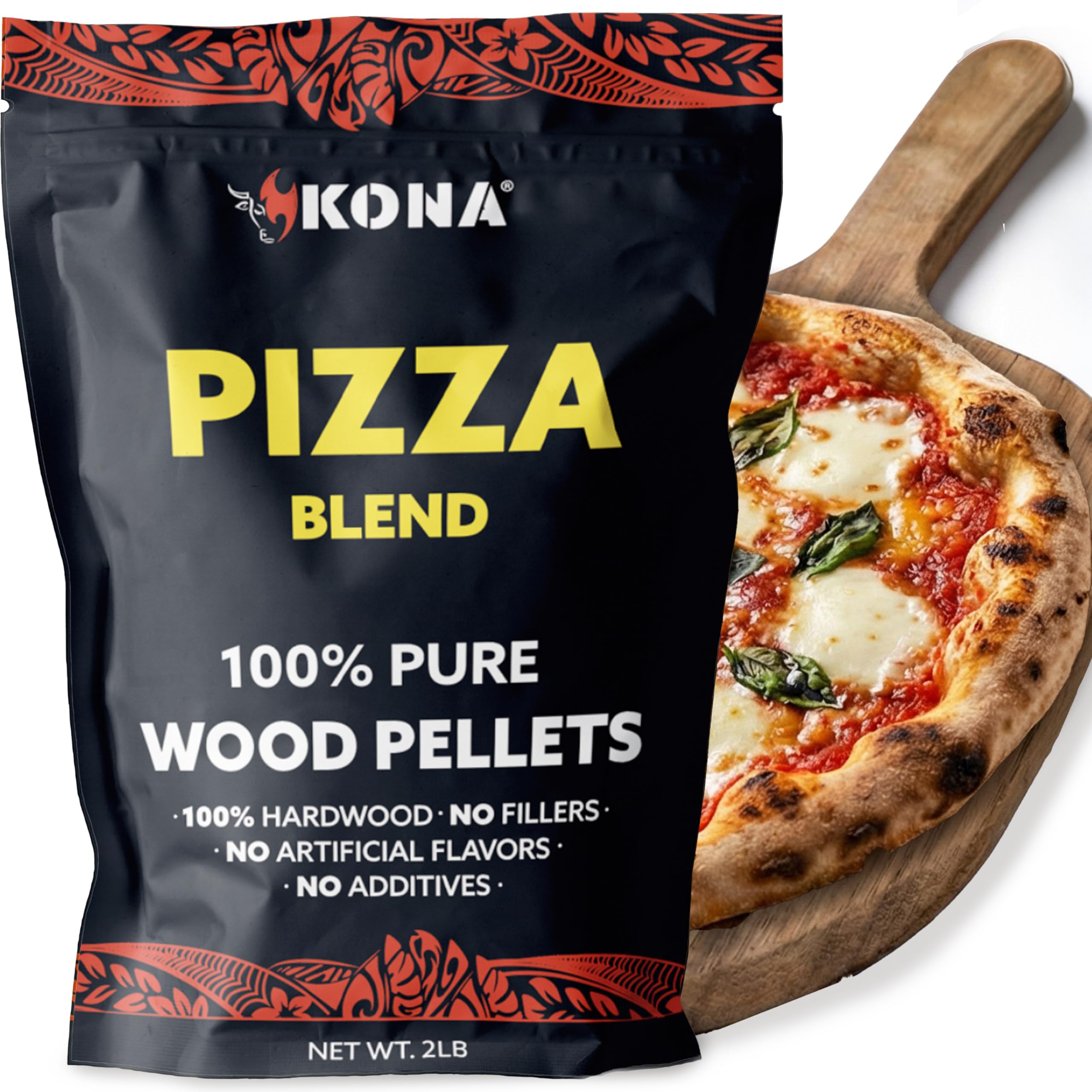 Kona Pizza Oven Blend pellets in packaging for outdoor pizza ovens.