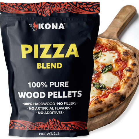 Kona Pizza Oven Blend pellets in packaging for outdoor pizza ovens.