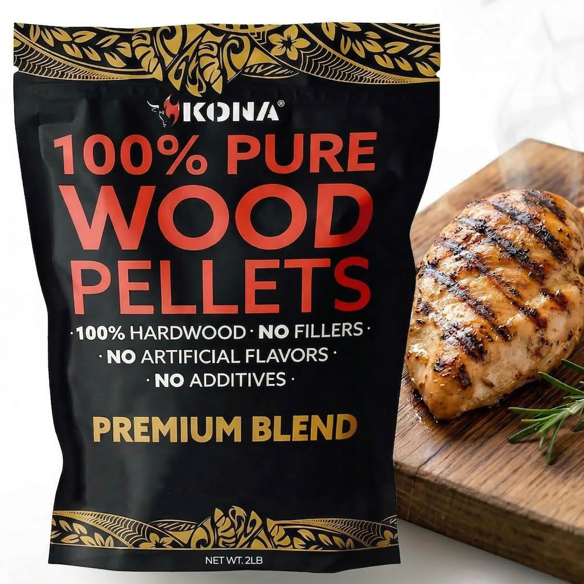 Kona premium blend smoker pellets bag shows resealable packaging for freshness.