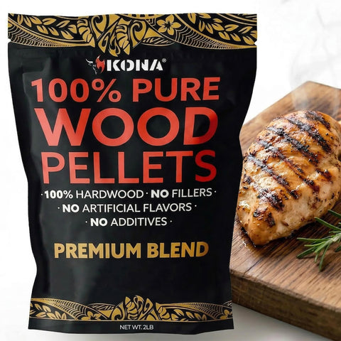 Kona premium blend smoker pellets bag shows resealable packaging for freshness.