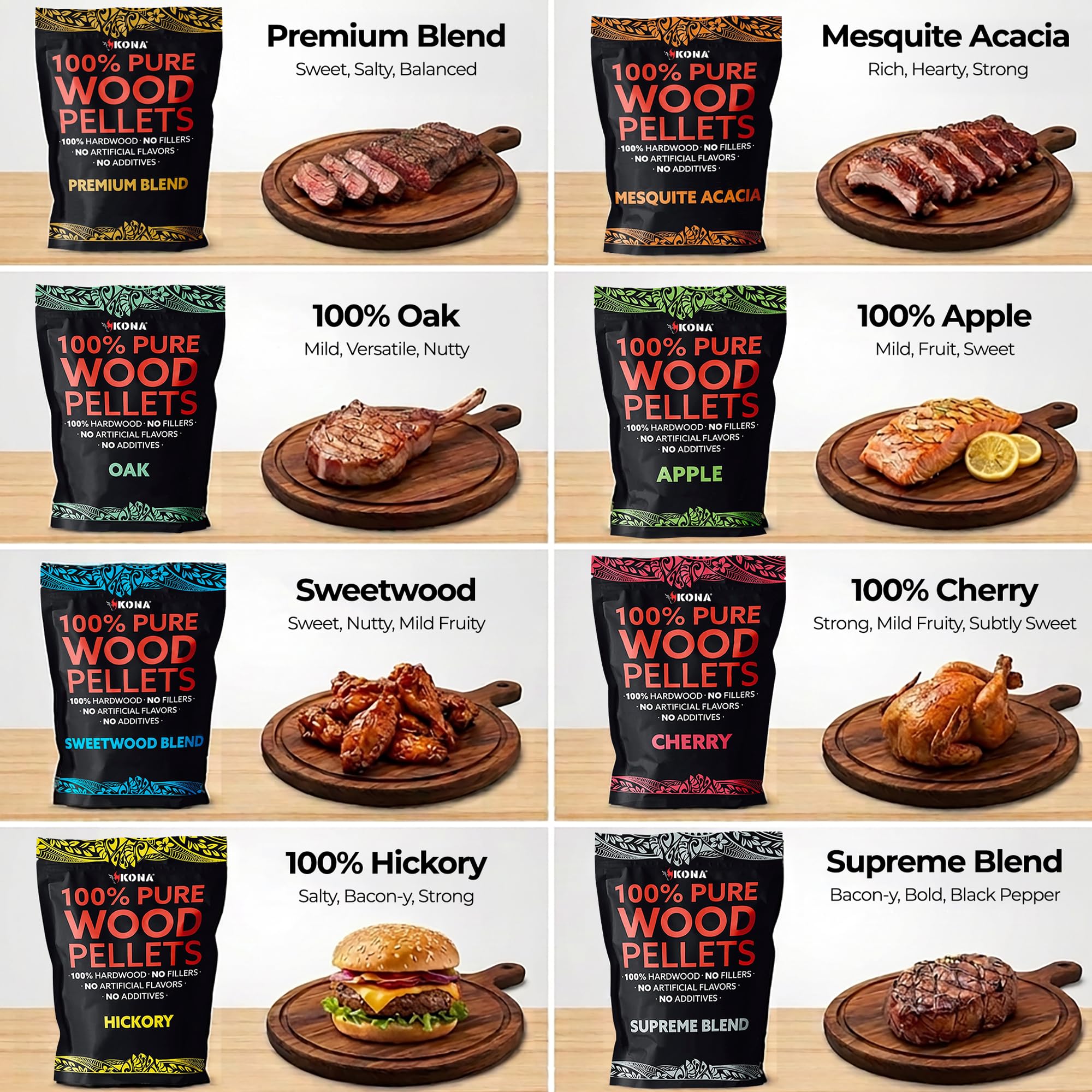 Kona premium-blend wood pellets deliver robust smoke for rich barbecue dishes.