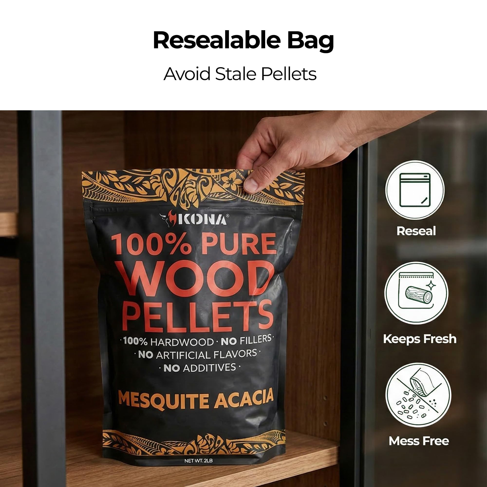 Kona premium hardwood pellets provide clean burning with low ash.
