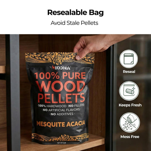Kona premium hardwood pellets provide clean burning with low ash.