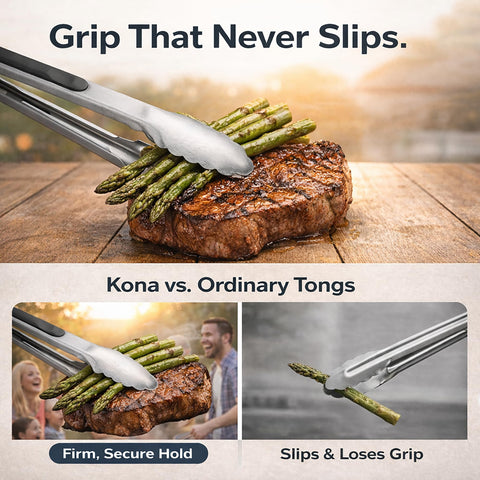 Kona premium locking tongs 17in open for grilling control and grip