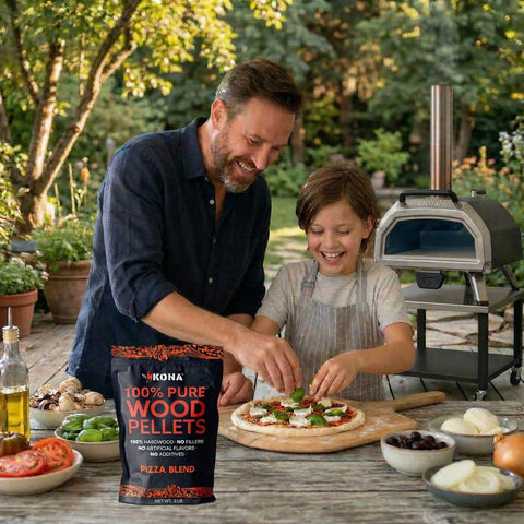 Kona Pizza Blend enhances outdoor pizza nights with family.