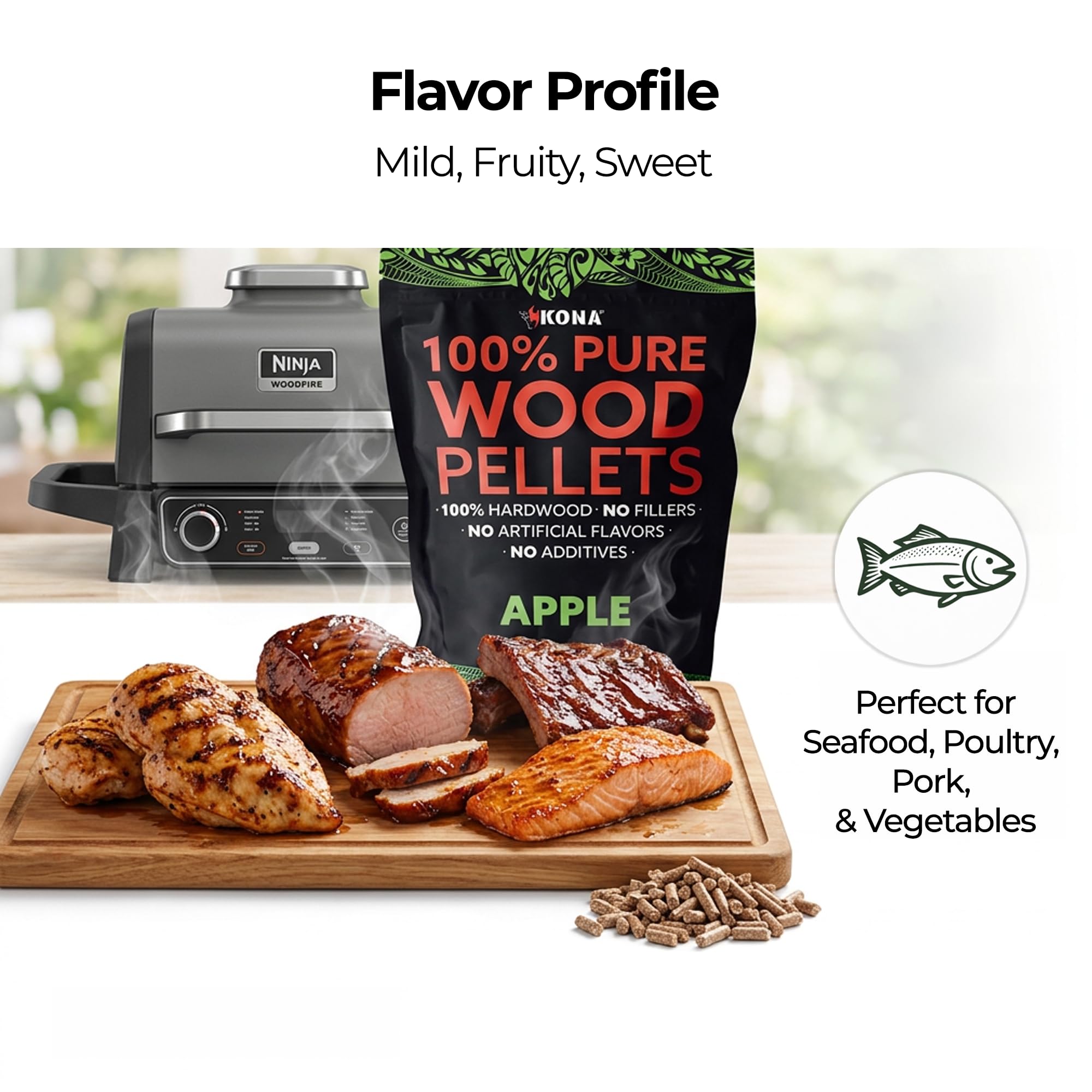 Kona Smoker Tube with pellets on grill delivering wood-fired aroma.
