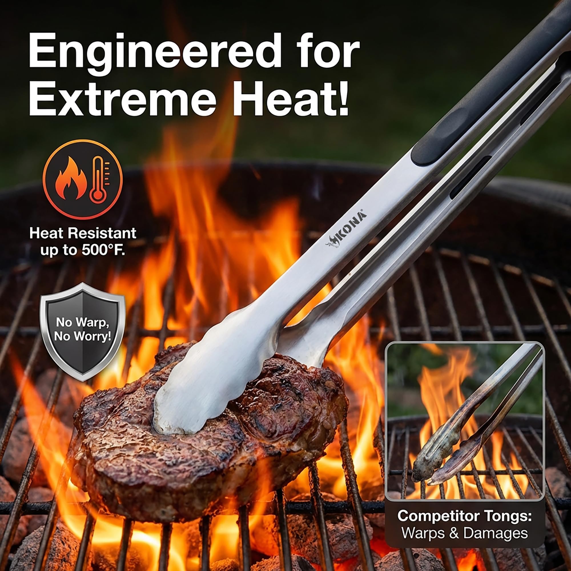 Kona stainless steel grill tongs with silicone tips for delicate grip