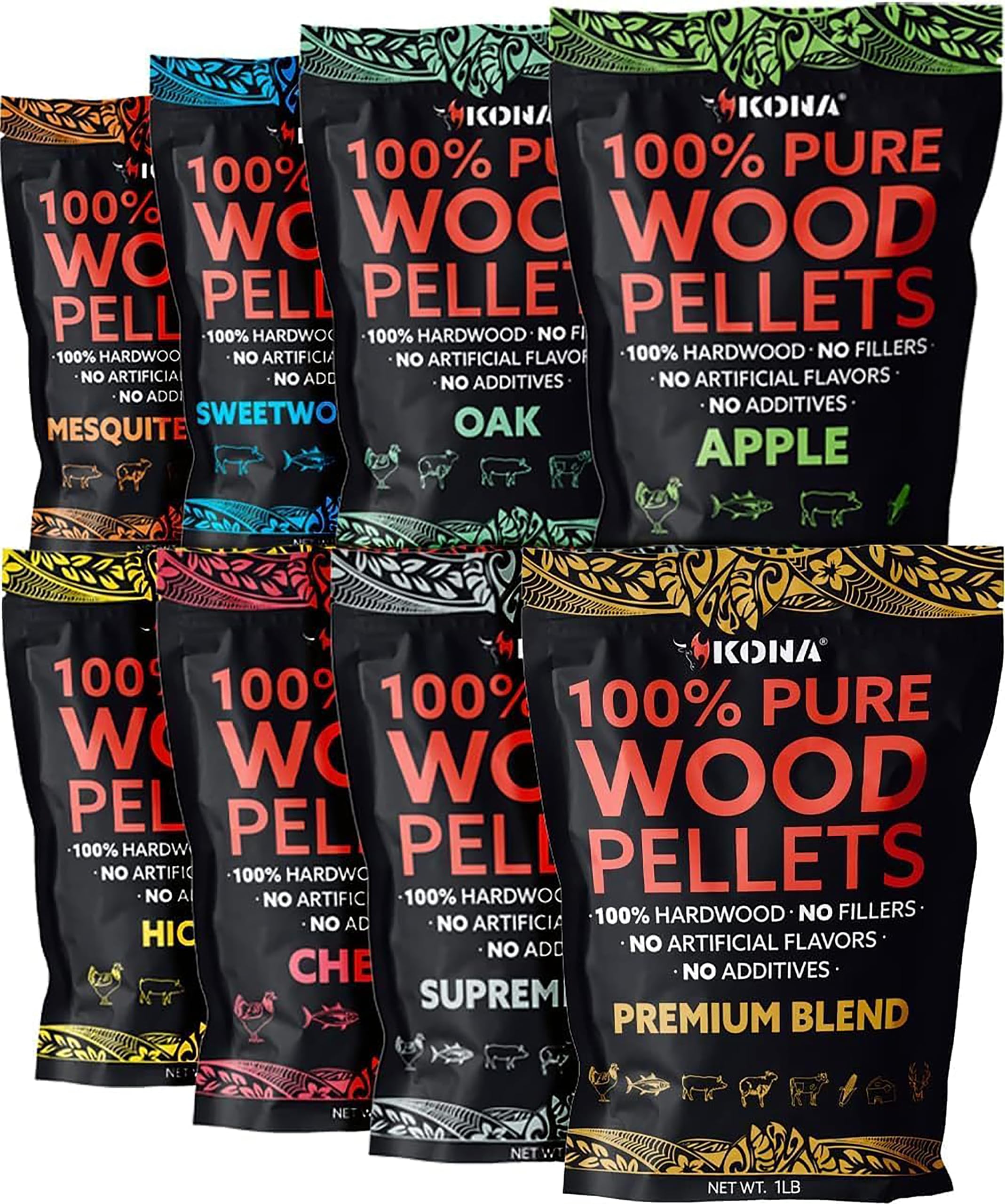 Kona variety-pack 8 lb wood pellets for versatile backyard grilling.