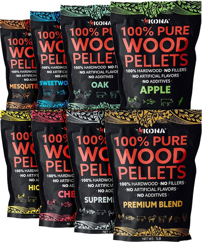 Kona variety-pack 8 lb wood pellets for versatile backyard grilling.