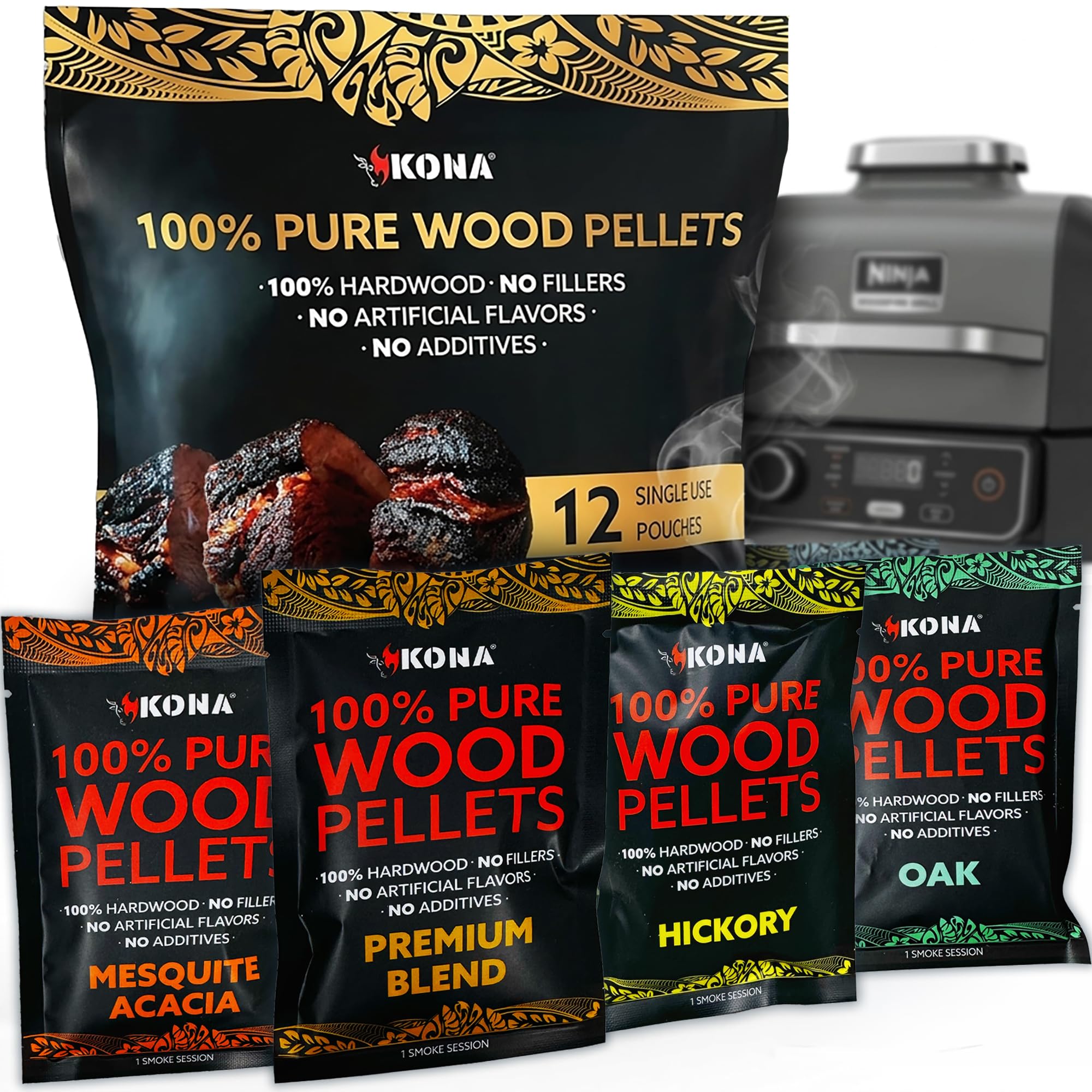 Kona wood pellets for Ninja Woodfire Grill in ready-to-use bags for convenient flavor sessions