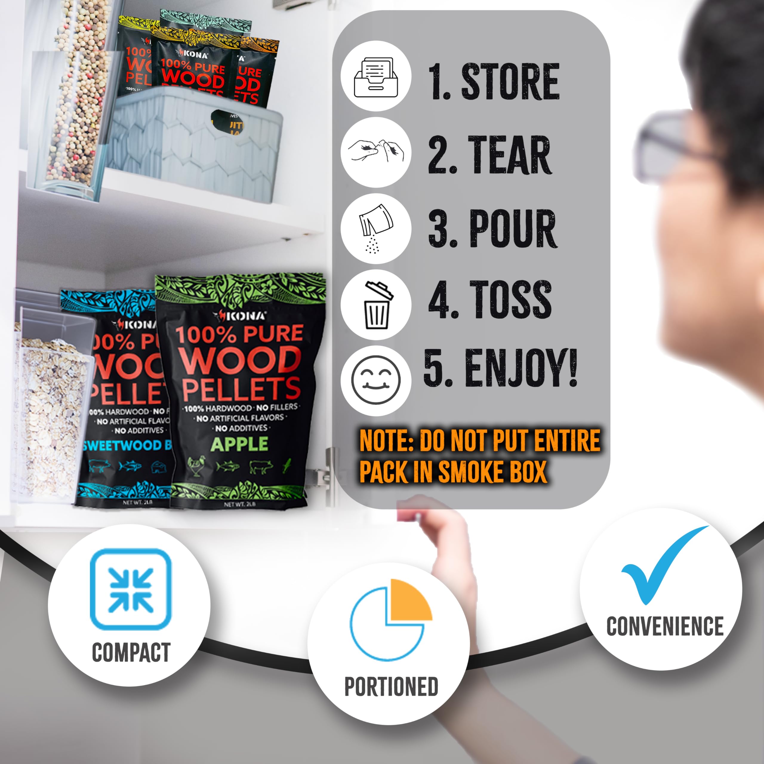 100% pure hardwood Kona pellets with no additives for authentic aroma