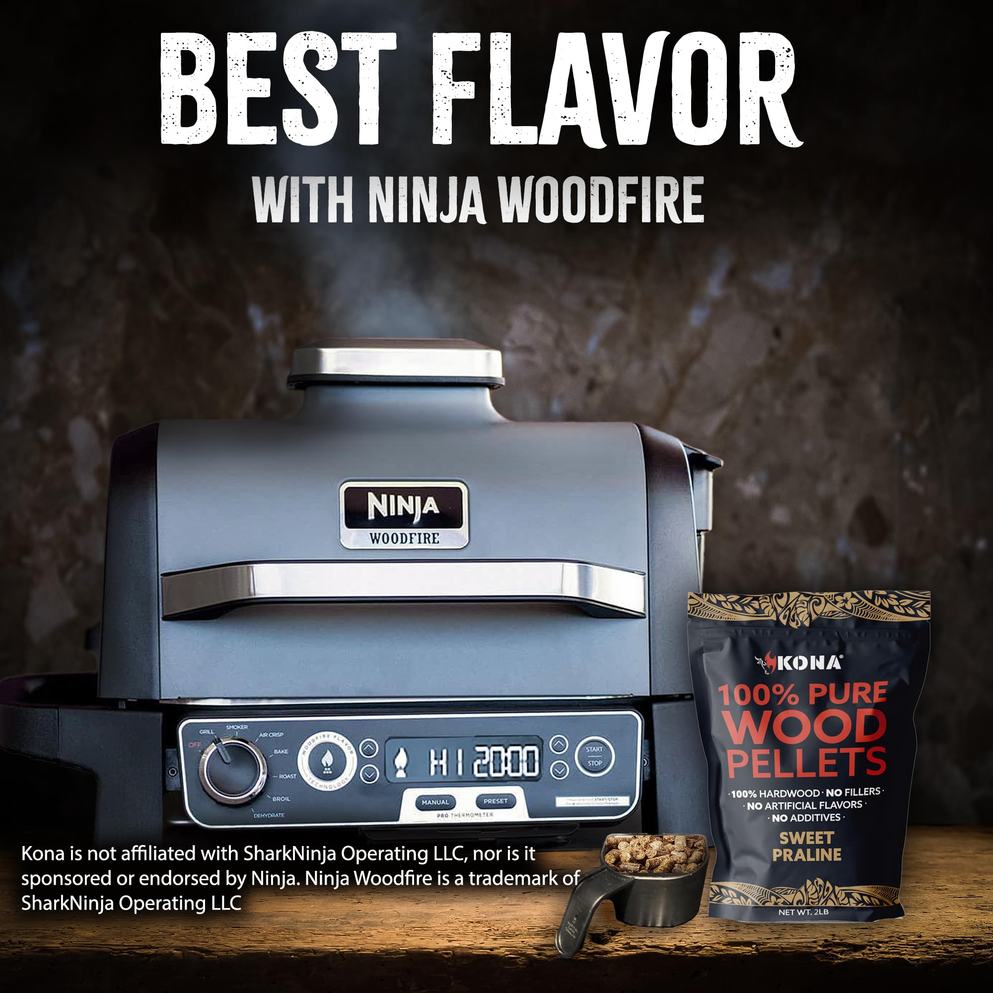 Kona woodfire pellets on charcoal for enhanced smoky aroma.