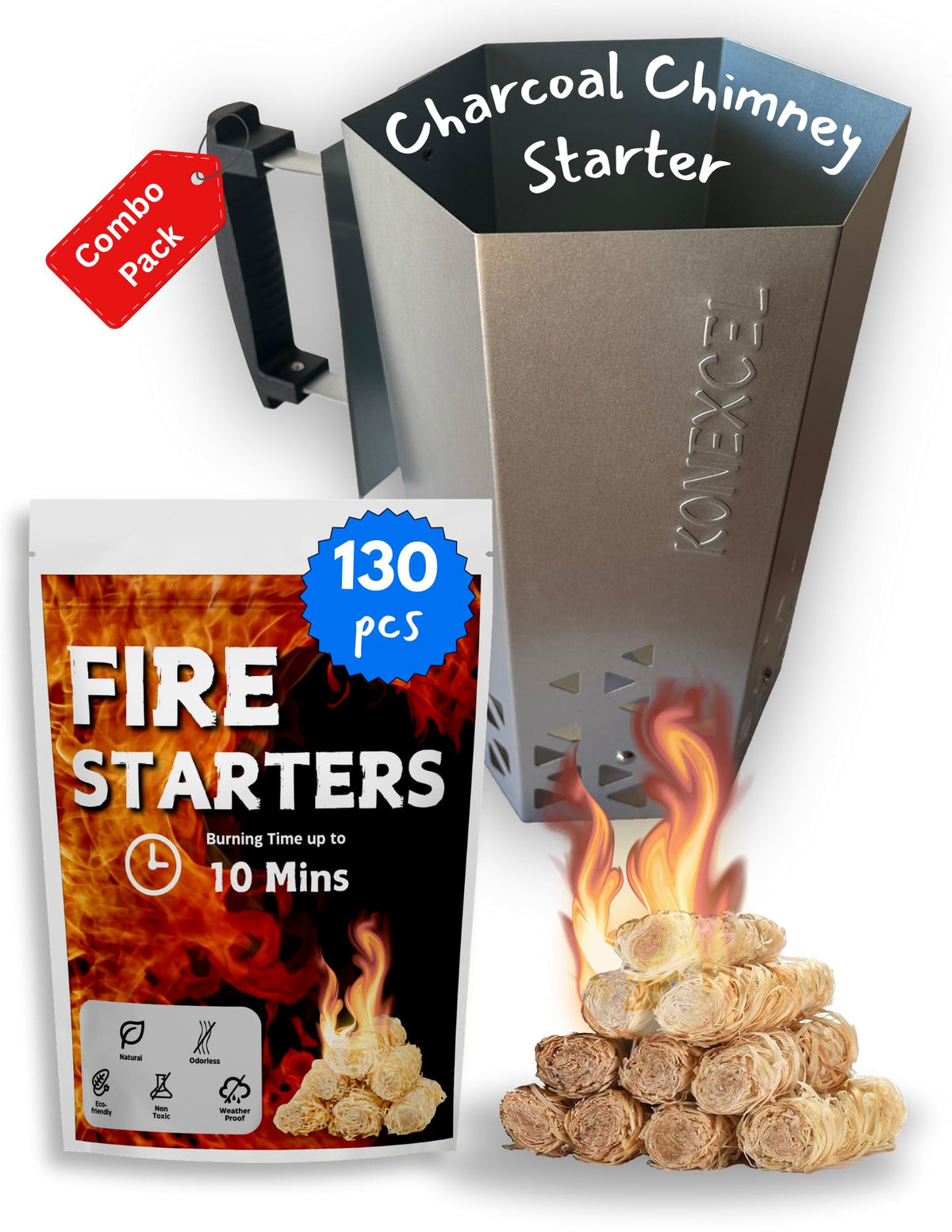 Konexcel charcoal chimney starter XL for outdoor grilling, enabling fast ignition