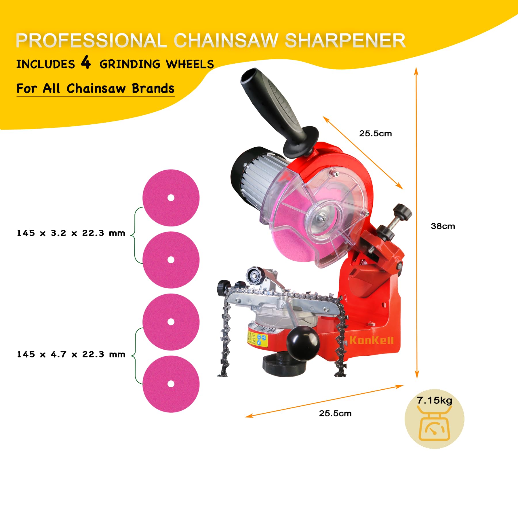 KonKell chainsaw sharpener with multi-angle turntable for precise angles.