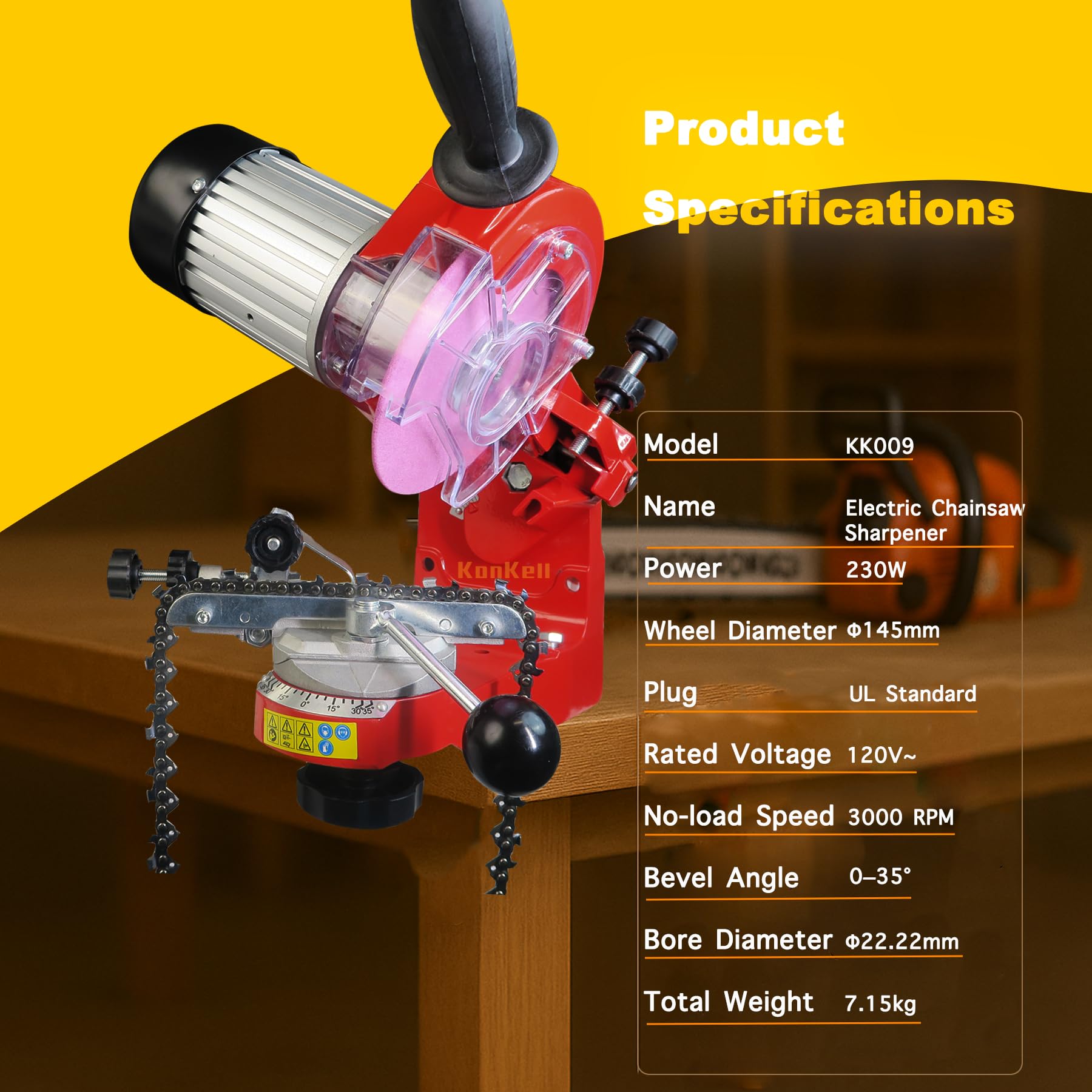 KonKell dual grinding wheels 1/8 and 3/16 enable versatile sharpening.